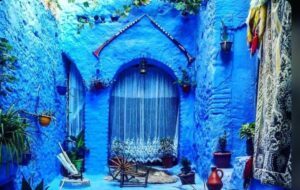 Blue framed entrance Chefchaouen The Blue City Morocco