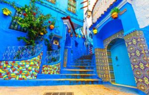 The Blue City Morocco colorful tile stairs